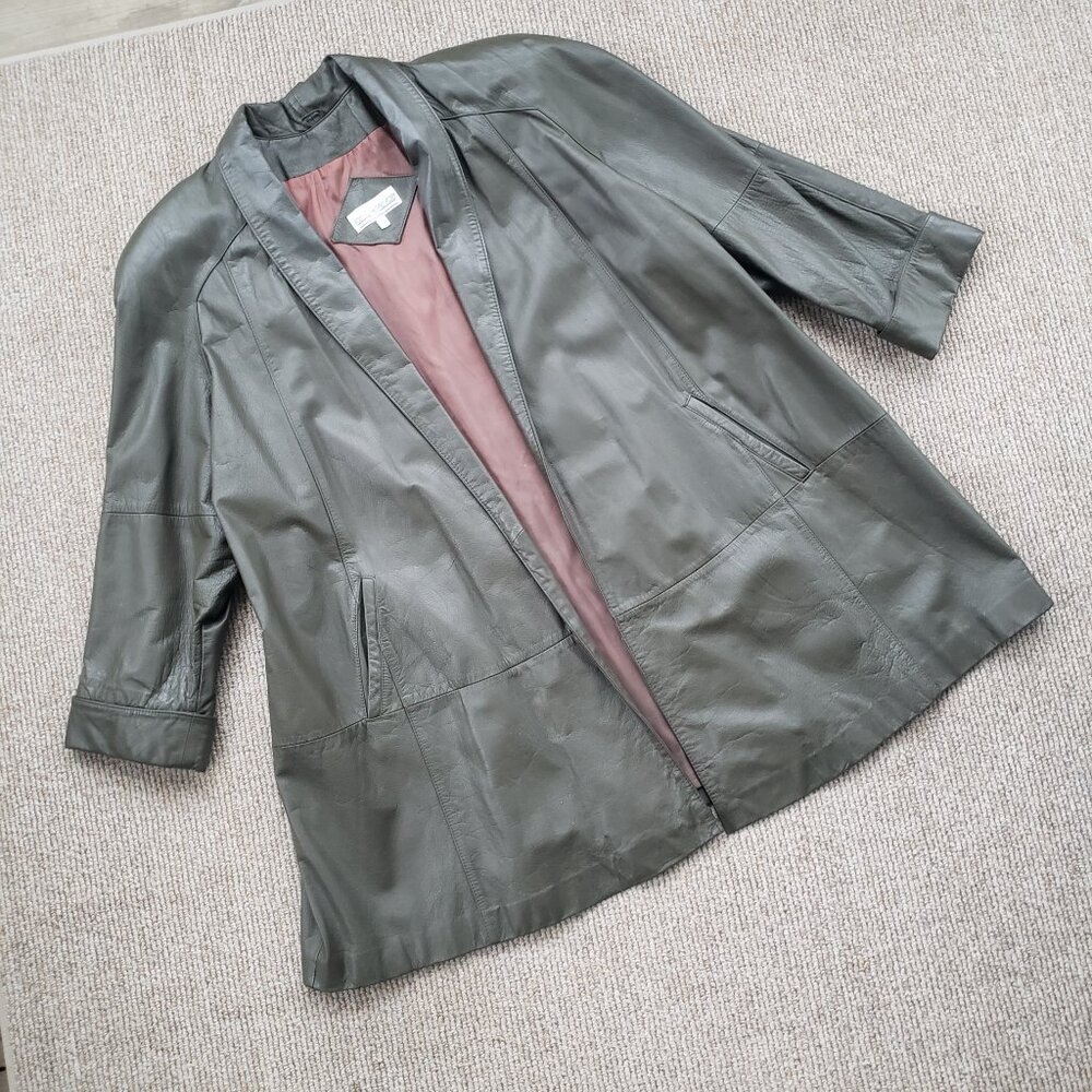 Vintage 80s Leather Swing Coat Women's 2X Olive Green